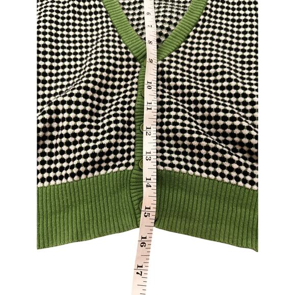 Cropped V-Neck Short Sleeve Black White Polka Dot Card Green Trim, NWOT, Size L - Picture 6 of 7
